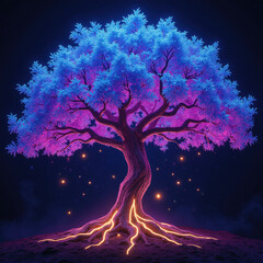 Poster - vibrant tree with glowing blue and purple leaves stands against dark background, radiating mystical aura. roots emit warm light, creating