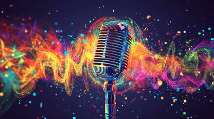 Poster - Colorful sound waves erupt from a vintage microphone.