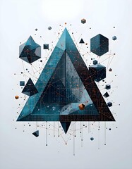 Poster - A complex, abstract digital artwork features a central blue geometric pyramid surrounded by interconnected shapes, lines, and digital data fragments