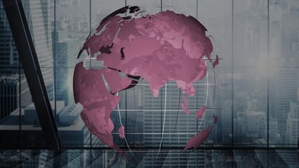 Poster - Rotating globe animation over cityscape viewed through large glass windows