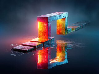 Leinwandbilder - Glowing Multicolored Geometric Structure Reflected in Dark Water