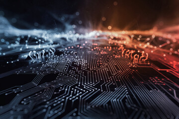 Fototapete - Abstract image of circuit board, glowing lines and nodes, blue and orange tones, representing technological advancement, innovation, and digital connectivity