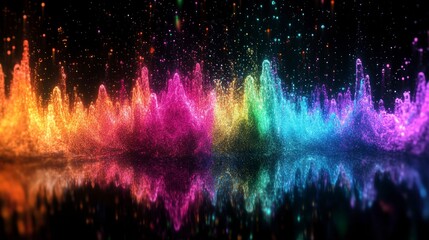 Aufkleber - Abstract colorful wave pattern with vibrant rainbow hues and sparkling particles, reflecting on dark surface.