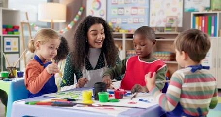 Poster - Painting, teacher and children with smile, students and creative in classroom, growth or development. Talking, woman and teaching kids in preschool, learning or education for youth with color for art