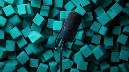 Poster - A black microphone stands on a stand in front of a teal soundproof wall made of foam cubes.