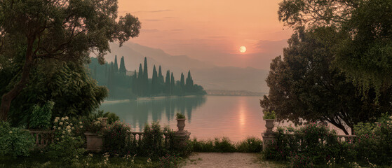 Wall Mural - A beautiful sunset over a lake with trees in the background