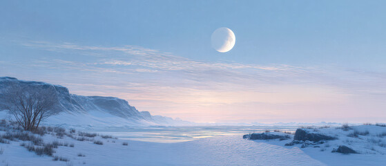 Wall Mural - A large moon is in the sky above a snowy beach