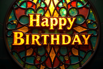 Poster - Radiant Stained Glass 'Happy Birthday' Design, An Ornate Celebration of Festive Cheer, Perfect for Greeting Cards and Birthday Banners, a Unique Visual Delight