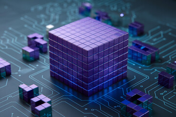 Fototapete - Metallic purple cubes arranged on a circuit board, showcasing a concept of digital data storage or technological innovation, representing structure and complexity