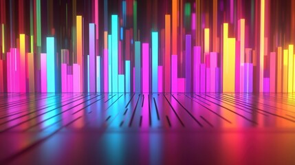 Fototapete - Vibrant colorful neon light bars reflecting on a shiny surface.