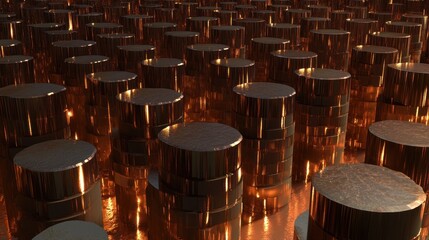 Poster - the repeating cylindrical columns reflect golden light across a surface