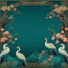 Naklejka na meble creative border frame of Japanese patterns with crane birds, bonsai trees, cherry blossom flowers background, graphic resource