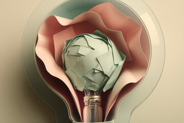 Poster - Abstract 3D render of a lightbulb containing pastel-colored paper, creating a soft and delicate visual, showcasing creativity and innovation, ideal for design or technology concepts