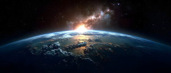 Wall Mural - panoramic view of the earth, sun, star and galaxy. sunrise over planet earth, view from space. 