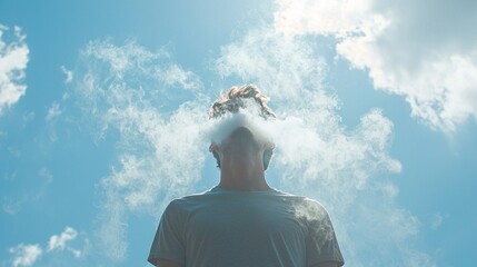 Aufkleber - Peacefully standing under a clear blue sky, a man is enveloped in wispy clouds of vapor, creating an ethereal atmosphere as he takes a moment to reflect and breathe deeply