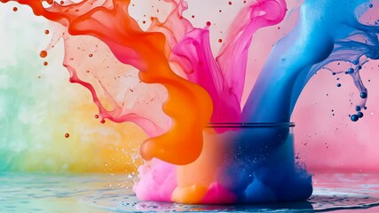 Poster - Colorful paint splashing from a glass, a creating vibrant and with scene dynamic a colorful background video 4k