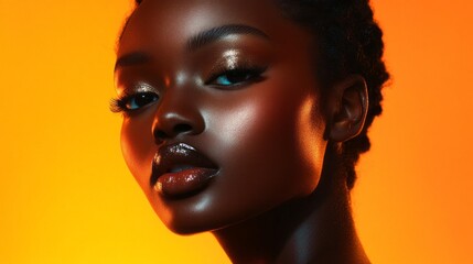 Poster - Under the enchanting golden hour light, a model exudes confidence and grace. The warm colors beautifully highlight her radiant skin and striking features, creating a mesmerizing visual harmony