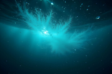 Poster - Underwater ballet of light and water, A spectacle of thousands of iridescent bubbles shimmering beneath the ocean surface creating a dazzling visual display
