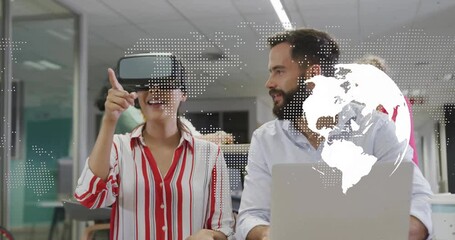 Poster - People interacting with digital world map animation over office environment
