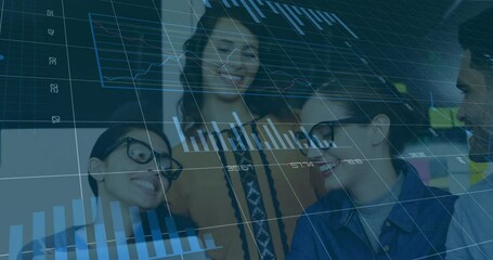 Poster - viewing financial data charts, diverse group smiling with animation in background