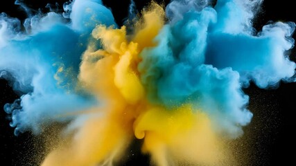 Aufkleber - a and blue image Holi particles exploding against Yellow black background, creating a vibrant and dynamic abstract powder video 4k