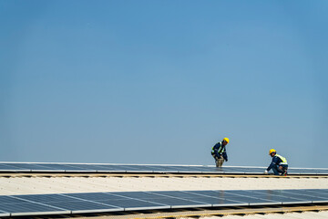 Wall Mural - team of professionals installs solar panels, ensuring energy efficiency and sustainable development.