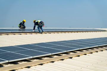 Wall Mural - two engineers install solar panels on a rooftop, wearing safety gear and helmets. the scene showcase