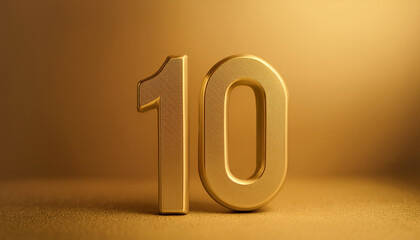 Fototapete - Golden number 10 ten on golden background with gradient and copy space. 3D rendering.
