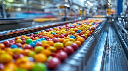 Fototapete - Vibrant candies of various shapes and colors travel smoothly down a long assembly line in a busy factory setting