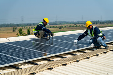 Wall Mural - team of professionals installs solar panels, ensuring energy efficiency and sustainable development.