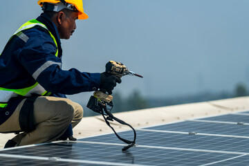 Wall Mural - team of professionals installs solar panels, ensuring energy efficiency and sustainable development.