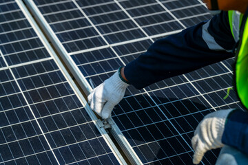 Wall Mural - team of professionals installs solar panels, ensuring energy efficiency and sustainable development.