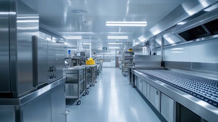 Poster - Inside a sleek food processing facility, shiny stainless steel surfaces reflect bright lights, showcasing organized workstations filled with equipment and tools for high-quality food production