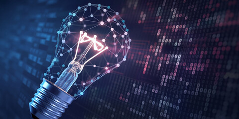 close-up of glass lightbulb, network connections visualized, binary code background, symbolizing inn