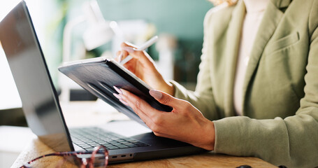 Poster - Business, hands and woman in workplace, tablet and internet with research for economy stats. Closeup, laptop or employee with stylus, accounting or tech for email, financial report or digital app