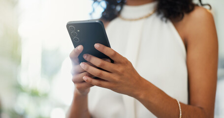 Fototapete - Typing, hands and business woman with phone for social networking, email and online contact. Professional, corporate and person on smartphone for mobile app, communication and connection at work