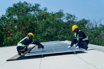 Wall Mural - team of professionals installs solar panels, ensuring energy efficiency and sustainable development.