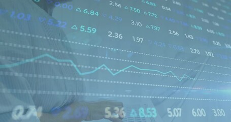 Poster - Using digital tablet, person analyzing animation of financial data and stock market