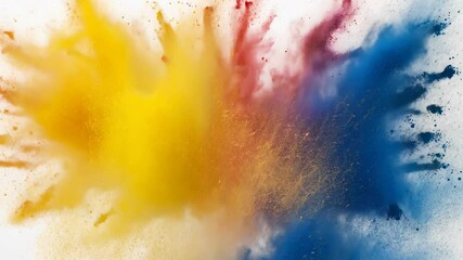 Poster - Colorful background, powder splash explosion dispersing white surface, generating vibrant, dynamic dust cloud festive energy exploding against a blue Holi creating and dynamic abstract video 4k