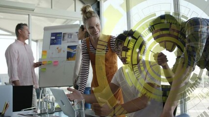 Poster - Collaborating on project, team using digital animation interface in modern office