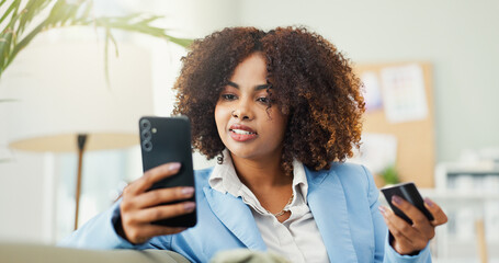 Leinwandbilder - Business woman, phone and credit card for online shopping, search and payment for stock order in office. Person, smartphone and fintech on mobile app, deal and material for fashion design at startup
