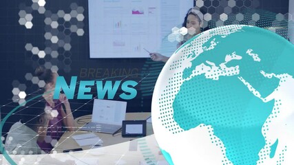 Poster - Breaking news animation over business meeting with digital globe and charts