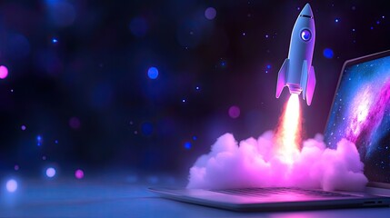 Poster - Rocket Launching from Laptop with Colorful Cosmic Background