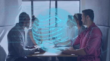 Poster - In school, diverse team collaborating with digital globe and data animation at table