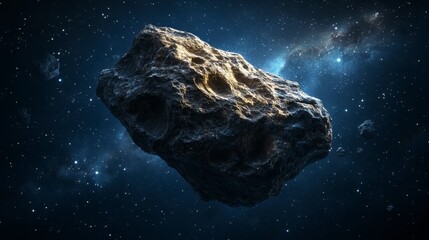 Poster - A large asteroid floats in deep space, illuminated by distant stars and nebulae.