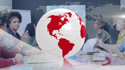 Poster - Globe and digital map animation over diverse people in business meeting
