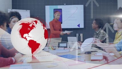Poster - Discussing presentation in business meeting, diverse team with global data animation