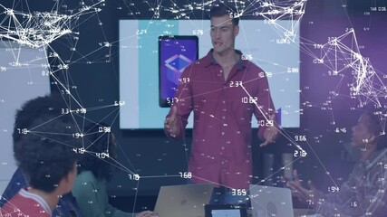 Poster - Business meeting with digital network and data processing animation overlay