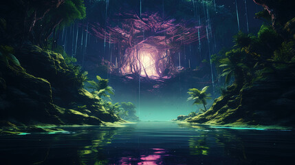 Poster - Neon-lit tree in a mystical jungle with glowing light and vibrant reflections
