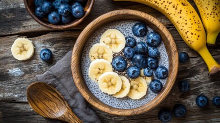 Poster - Top view of a wooden bowl filled with chia pudding, banana slices, and blueberries on a rustic wooden table.
